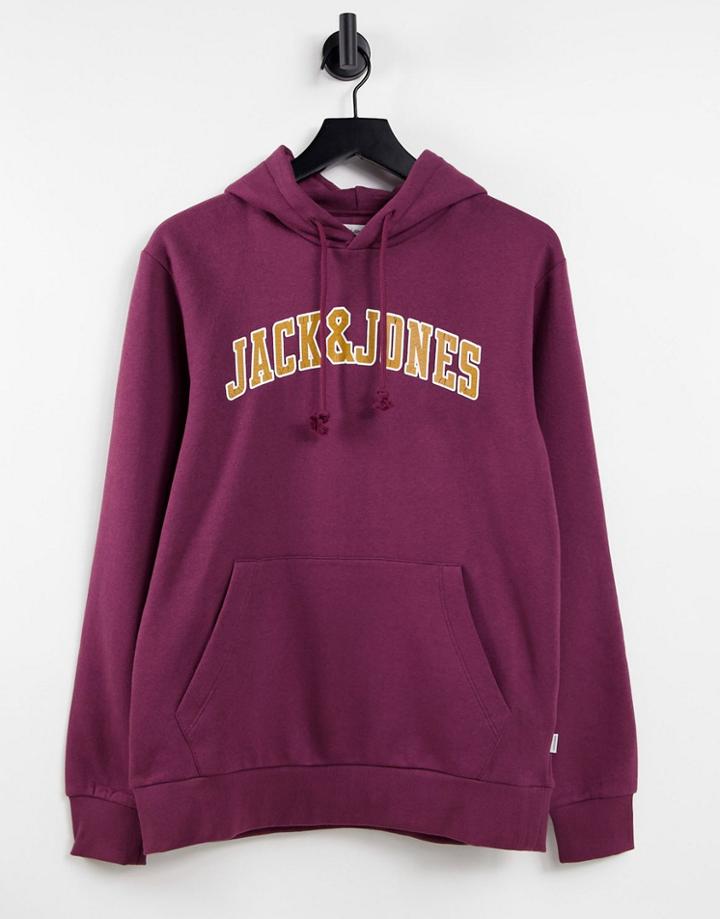 Jack & Jones College Logo Overhead Hoodie In Burgundy-red