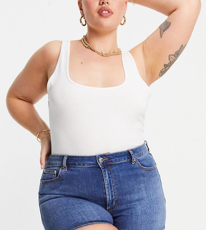 Asos Design Curve Denim High Rise 'lift And Contour' Shorts In Midwash-blues