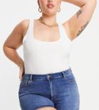 Asos Design Curve Denim High Rise 'lift And Contour' Shorts In Midwash-blues