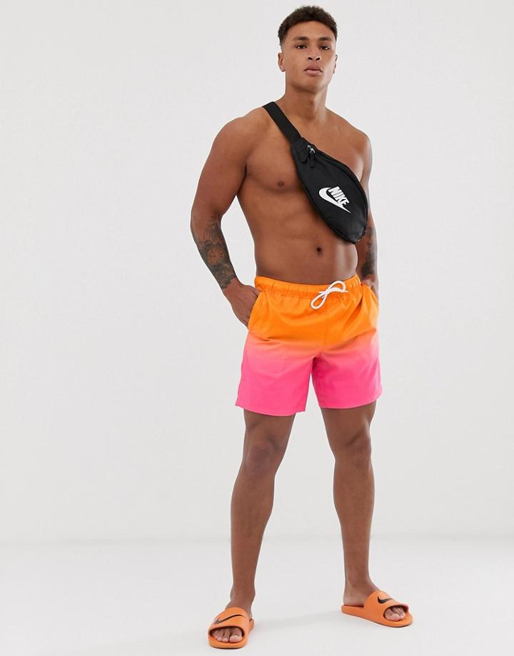Asos Design Swim Shorts With Orange Ombre Print In Mid Length-pink