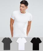 Asos 3 Pack Muscle Fit T-shirt In White/black/charcoal Marl With Crew Neck Save - Multi