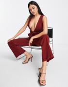 Asos Design Plunge Twill Jumpsuit With Self Belt In Washed Red