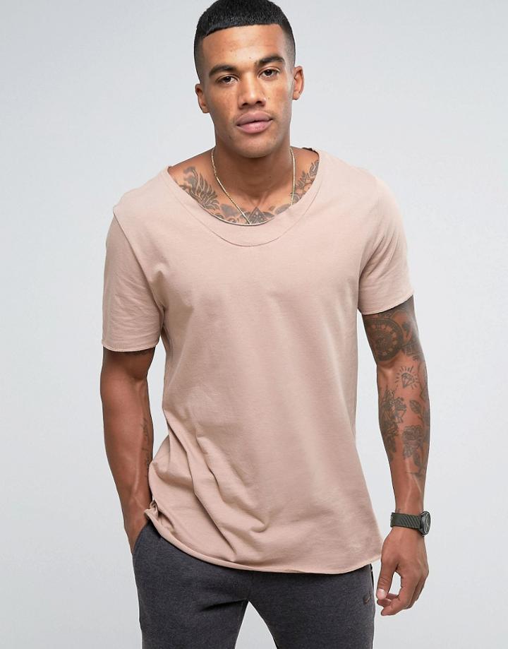 Asos Longline T-shirt With Raw Neck Detail In Beige - Beige