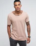 Asos Longline T-shirt With Raw Neck Detail In Beige - Beige