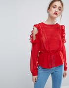 Asos Ruffle Cold Shoulder Blouse With Pintuck Front And Lace Insert - Red