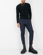 Asos Design Tapered Wool Mix Smart Pants In Dog Tooth With Turn Up-navy