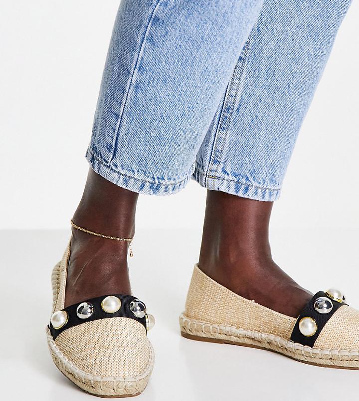 Asos Design Wide Fit Jenna Pearl Espadrilles In Natural Raffia-neutral