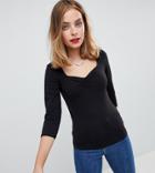 Asos Design Petite Top With 3/4 Sleeves And Sweetheart Neck - Black