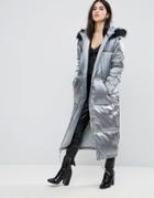 Missguided Gray Longline Satin Padded Coat - Green