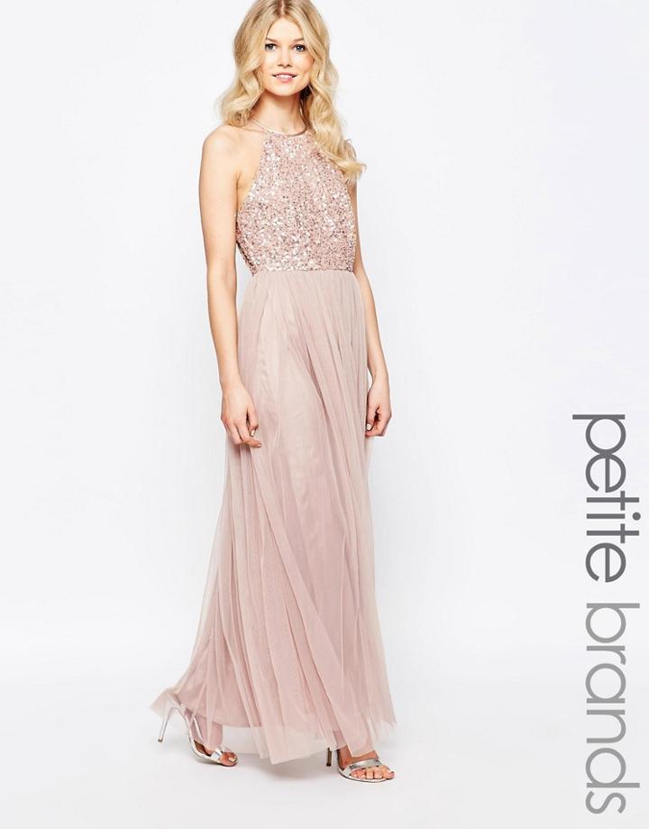 Maya Petite High Neck Maxi Tulle Dress With Tonal Delicate Sequins - Mink