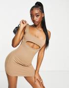 Public Desire Slinky Back Detail Cut Out Double Layer Mini Dress In Chestnut-brown