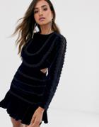 Asos Design Velvet Mini Dress With Lace Trim And Long Sleeve-navy