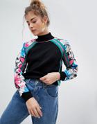 Asos Design Sweater With Woven Floral Sleeves And Tipping - Multi
