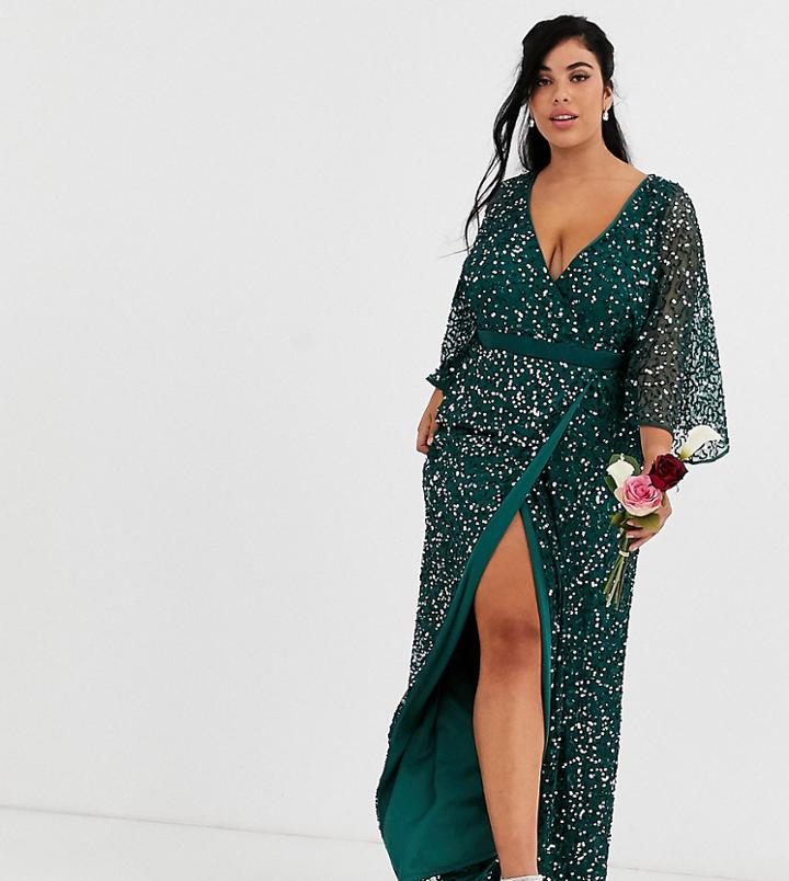 Maya Plus Bridesmaid Delicate Sequin Wrap Maxi Dress In Green
