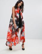 Liquorish Shift Dress With Overlay In Floral Print - Black