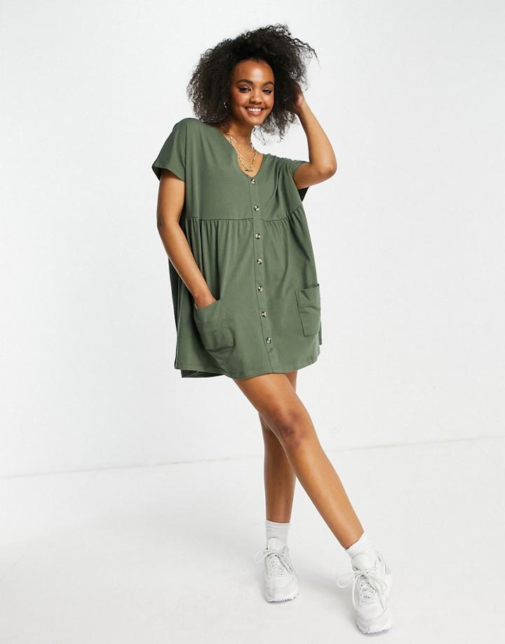 Asos Design Button Through Mini Smock Dress With Pockets In Khaki-green