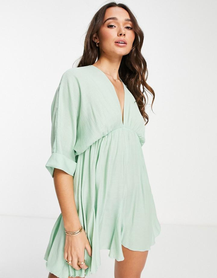 Asos Design V Front V Back Godet Skater Mini Dress In Apple Green