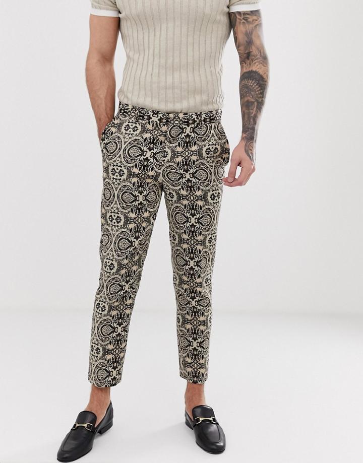 River Island Skinny Smart Pants In Brown Tapestry Print - Brown