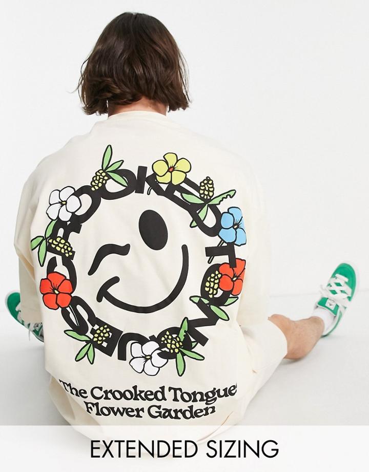 Crooked Tongues Oversized T-shirt With Smiley Graphic Print In Off White-neutral