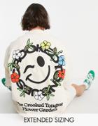 Crooked Tongues Oversized T-shirt With Smiley Graphic Print In Off White-neutral