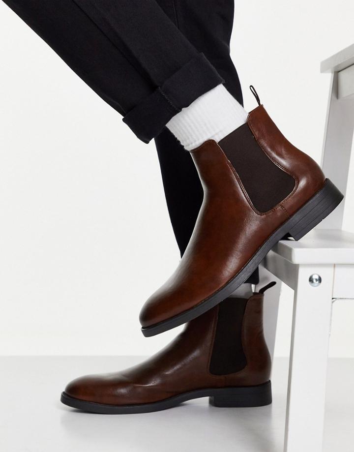 Asos Design Chelsea Boots In Brown Faux Leather With Black Sole
