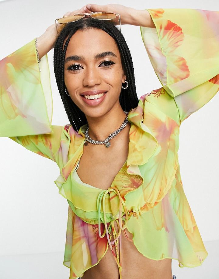 Bershka Tie Front Frill Detail 90s Blouse In Multi Print