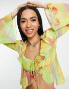 Bershka Tie Front Frill Detail 90s Blouse In Multi Print