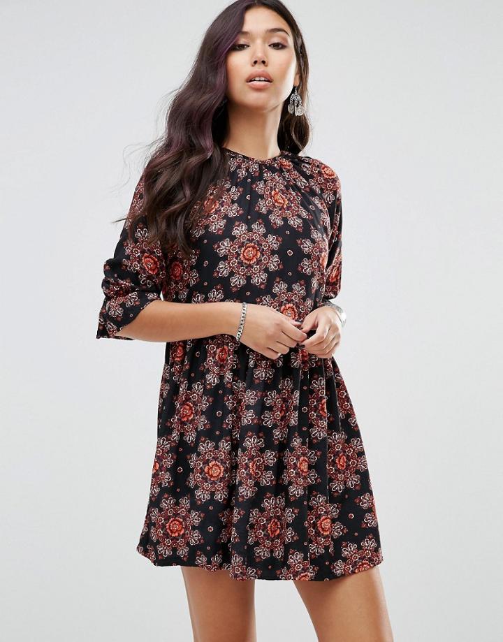 Motel Tea Dress With Blouson Sleeves In Floral Kaleidoscope - Multi