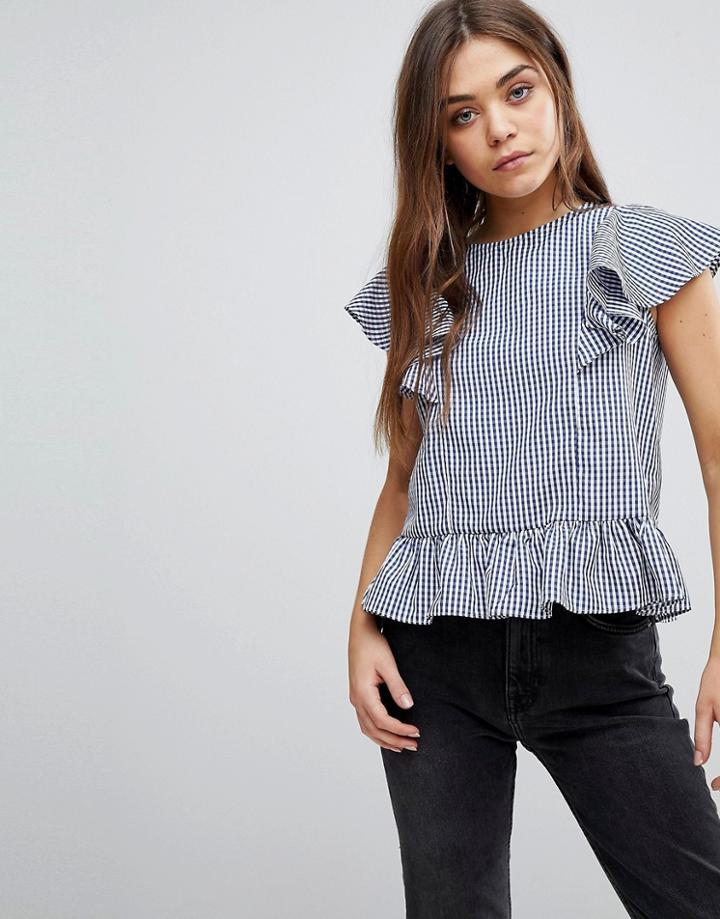 Brave Soul Heidi Gingham Top Wih Frill Detail - Navy