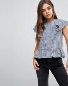 Brave Soul Heidi Gingham Top Wih Frill Detail - Navy