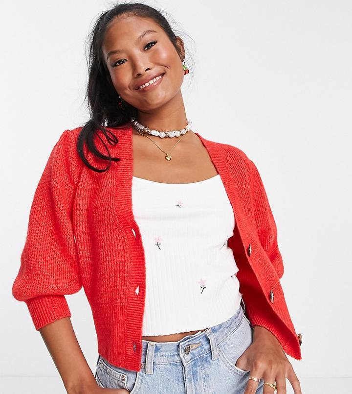 Miss Selfridge Petite Cardigan With Puff Sleeves In Poppy Red