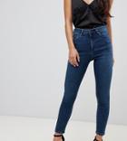 Asos Design Petite Ridley High Waist Skinny Jeans In Dark Stonewash Blue - Blue