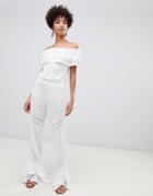 River Island Bardot Beach Jumpsuit With Frill Detail In White