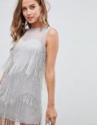 Asos Design Mini Dress With Embellished Fringe - Silver