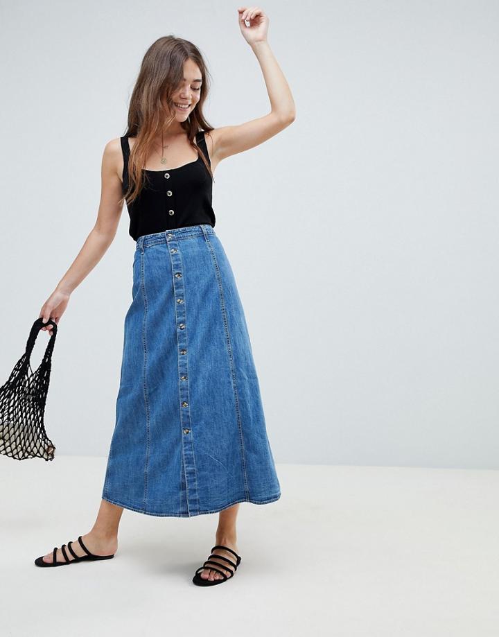 Asos Design Denim Button Through Midi Skirt In Midwash Blue - Blue