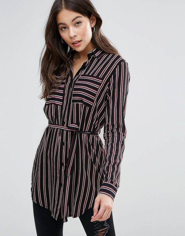 Brave Soul Striped Shirt With Tie Waist - Black