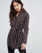 Brave Soul Striped Shirt With Tie Waist - Black