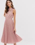 Asos Design High Neck Sleeveless Pleated Broderie Midi Dress With Lace Detail - Pink