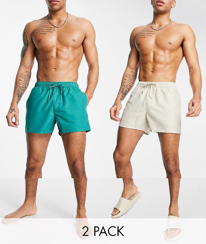 Asos Design Swim Shorts In Beige And Green Short Length Save-multi