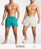 Asos Design Swim Shorts In Beige And Green Short Length Save-multi