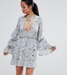 Missguided Petite Floral Print Frill Sleeve Tie Front Dress - Multi