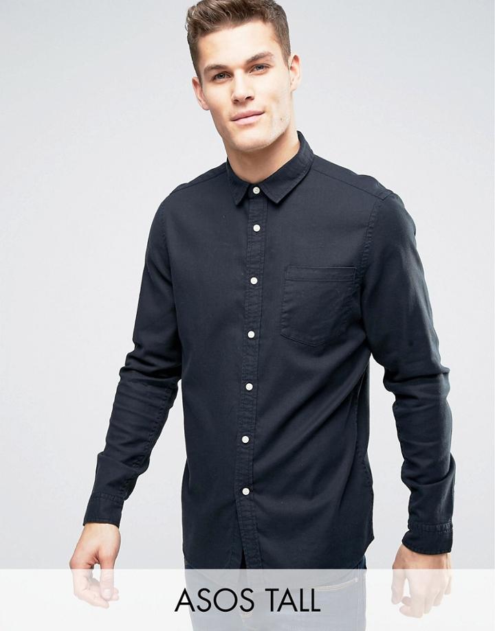 Asos Tall Regular Fit Slubby Viscose Shirt In Black - Black