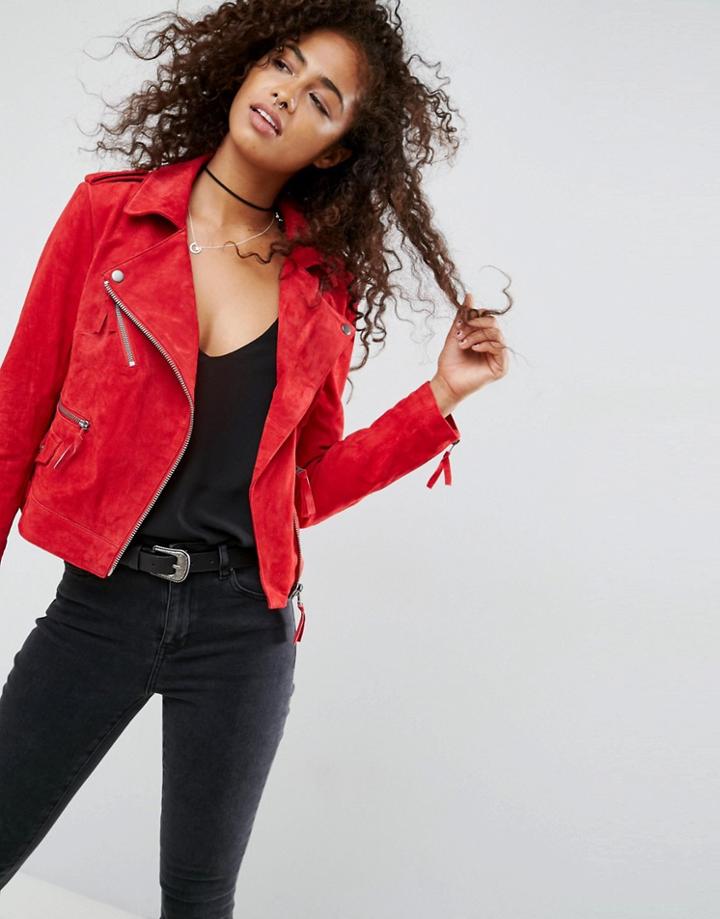 Asos Suede Biker Jacket - Red