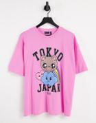 Asos Design Oversized T-shirt With Tokyo Character Print In Bright Pink