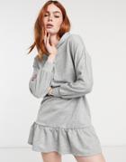 New Look Ruffle Hem Hooded Sweat Dress In Gray Heather-grey