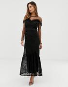 Liquorish Maxi Dress With Lace Overlay And Ruffle Detail - Black