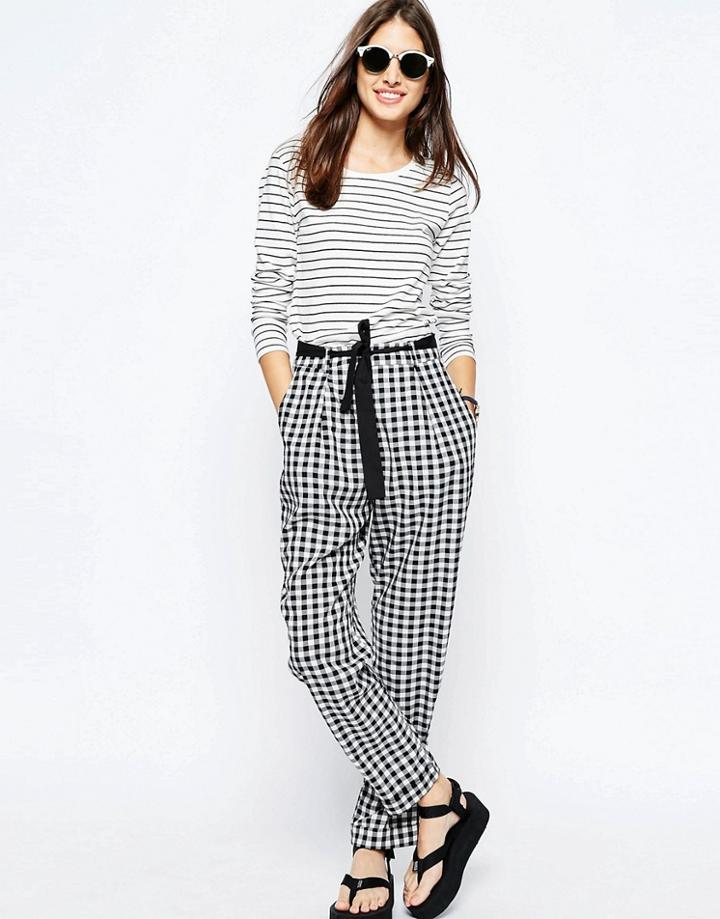 Asos Woven Peg Pants With Obi Tie In Check - Multi