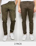 Asos 2 Pack Skinny Chinos In Khaki And Dark Brown Save - Multi