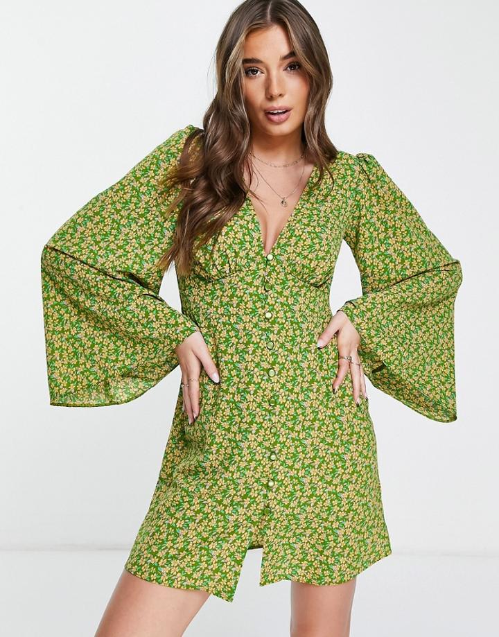 Asos Design Button Through Mini Dress With 70s Sleeve In Khaki Ditsy Print-multi