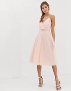 Asos Design Belted Pleated Tulle Cami Midi Dress-pink